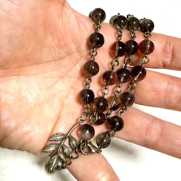 Natural Smoky Quartz Short Necklace, Genuine Gemstone + Cute Bronze Leaf Branch - Picture 14 of 14